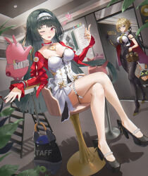 2girls absurdres applying_manicure astra_yao bangboo_(zenless_zone_zero) bare_legs bare_shoulders black_gloves black_hair black_pants black_shoes blonde_hair breasts cleavage collared_shirt commentary crossed_legs dress dutch_angle elbow_gloves evelyn_chevalier fingernails gloves hair_intakes hairband heart high_heels highres holding indoors jacket large_breasts legs long_hair long_sleeves looking_at_viewer medium_breasts multiple_girls nail_polish necktie on_chair one_eye_closed open_mouth painting_nails pants pink_eyes red_jacket red_nails shirt shoes short_hair single_elbow_glove sitting sleeveless sleeveless_shirt smile solo_focus standing strapless strapless_dress tight_clothes tight_pants trembling wakum white_dress white_hairband white_shirt yellow_necktie zenless_zone_zero