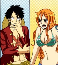 Rule 34 | 1boy, 1girl, black eyes, black hair, blush, couple, hat, long hair, lowres, monkey d. luffy, nami (one piece), one piece, orange hair, pirate, short hair, smile, tattoo