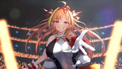 Rule 34 | 1girl, absurdres, ahoge, arm strap, bare shoulders, blonde hair, bow, breasts, commentary request, concert, crying, crying with eyes open, dragon girl, dragon horns, foreshortening, gloves, glowstick, grin, hair ornament, highres, hololive, hololive idol uniform, horn bow, horn ornament, horns, idol clothes, kiryu coco, large breasts, long hair, looking at viewer, multicolored hair, official alternate costume, official art, orange hair, outstretched arm, pointy ears, purple eyes, reaching, reaching towards viewer, sidelocks, slit pupils, smile, solo focus, sora shitatoge, streaked hair, tears, teeth, virtual youtuber, white gloves