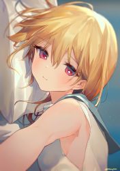 Rule 34 | 1girl, :t, ainy, armpits, bare shoulders, blonde hair, blurry, closed mouth, depth of field, highres, looking at viewer, lying, on side, original, pillow, pout, red eyes, sailor collar, selfie, shirt, short hair, sleeveless, sleeveless shirt, solo, upper body, white shirt