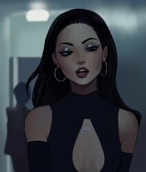 Rule 34 | 1girl, animification, black hair, commentary, detached sleeves, dress, earrings, english commentary, euphoria (2019), gittanart, highres, jewelry, long hair, looking to the side, madeleine perez, necklace, open mouth, pink lips, solo