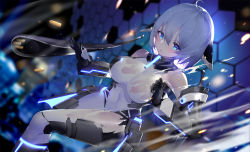 Rule 34 | 1girl, ahoge, bare shoulders, black gloves, blue eyes, blue hair, blurry, blurry background, bodysuit, breasts, bullet, calder, character request, commentary request, depth of field, dutch angle, girl cafe gun, gloves, glowing, hair between eyes, headgear, highres, large breasts, neon trim, solo, torn bodysuit, torn clothes, white bodysuit