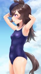 Rule 34 | 1girl, absurdres, animal ears, armpits, arms behind head, black hair, blue headwear, blue one-piece swimsuit, blue sky, breasts, cloud, commentary request, competition school swimsuit, cowboy shot, highres, horse ears, horse tail, long hair, naka ushiro, one-piece swimsuit, profile, purple eyes, rice shower (umamusume), school swimsuit, sky, small breasts, solo, swimsuit, tail, tilted headwear, umamusume, wet, wet clothes, wet swimsuit