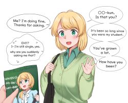 Rule 34 | 1girl, blonde hair, blue jacket, collared shirt, commentary, ellen baker, english commentary, english text, green eyes, green shirt, green sweater, holding, holding photo, jacket, long hair, long sleeves, low ponytail, new horizon, newbienoodles, photo (object), shirt, solo focus, speech bubble, sweater, white shirt