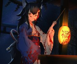 Rule 34 | 1girl, absurdres, animal ear fluff, animal ears, black hair, blood, blood on clothes, blood on face, blue kimono, brown eyes, closed mouth, hair ornament, hairclip, hand up, highres, holding, holding lantern, hololive, japanese clothes, jjetotwt, kimono, lantern, long hair, long sleeves, looking at viewer, multicolored hair, obi, ookami mio, red hair, sash, solo, streaked hair, two-tone kimono, very long hair, virtual youtuber, white kimono, wide sleeves, wolf ears