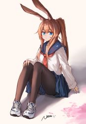Rule 34 | 1girl, absurdres, alternate costume, amiya (arknights), animal ear fluff, animal ears, arknights, black pantyhose, blue eyes, blue sailor collar, blue skirt, brown hair, closed mouth, full body, hand on own knee, highres, knees up, long hair, long sleeves, looking at viewer, miniskirt, neckerchief, omuretu (butterroru), pantyhose, petals, ponytail, rabbit ears, red neckerchief, sailor collar, school uniform, serafuku, shirt, shoes, sidelocks, signature, simple background, sitting, skirt, sneakers, solo, very long hair, white background, white footwear, white shirt