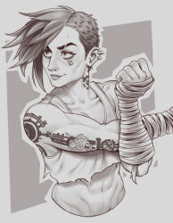 Rule 34 | 1girl, arcane: league of legends, arcane vi, arm tattoo, bags under eyes, bandaged arm, bandages, collarbone, commentary, crop top, cropped torso, ear piercing, effy neprin, facial tattoo, greyscale, highres, league of legends, looking to the side, midriff, monochrome, muscular, muscular female, navel, neck tattoo, nose piercing, nose ring, piercing, scar, scar on face, scar on mouth, short hair, smile, solo, stretching, sweat, tank top, tattoo, undercut, upper body, vi (league of legends)