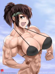 Rule 34 | 1girl, :d, abs, biceps, bikini, breasts, brown eyes, brown hair, cleavage, daimon akiko, elee0228, female focus, gao (gaolukchup), headband, highres, large breasts, muscular, open mouth, ponytail, short ponytail, smile, solo, swimsuit, taisen hot gimmick, taisen hot gimmick 4ever