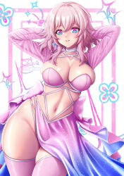 Rule 34 | 1girl, arms behind head, arms up, artist name, bikini, blue eyes, blue ribbon, breasts, choker, cleavage, clothing request, collarbone, detached sleeves, glint, glitter, groin, hair between eyes, heart, highres, honkai: star rail, honkai (series), large breasts, lips, long sleeves, march 7th (honkai: star rail), medium hair, multiple straps, navel, nose, patreon username, pink bikini, pink eyes, pink hair, pink ribbon, pink sleeves, pink theme, pink thighhighs, ribbon, ribbon earrings, sevie, signature, skindentation, smile, solo, stomach, swimsuit, teeth, thighhighs, thighs, twitter username, two-tone eyes, two-tone ribbon, watermark, web address, white background, white choker