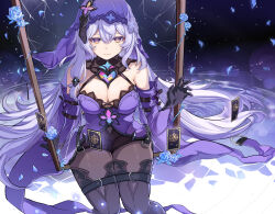 Rule 34 | 1girl, arm strap, belt, black gloves, black swan (honkai: star rail), breasts, card, cleavage, commentary request, dress, elbow gloves, gloves, highres, honkai: star rail, honkai (series), large breasts, long hair, looking at viewer, pantyhose, purple dress, purple hair, sitting, sleeveless, sleeveless dress, smile, solo, thigh belt, thigh strap, ufotram, veil, very long hair, yellow eyes