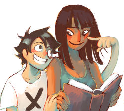 Rule 34 | 1boy, 1girl, aiioli (spongeping), bare arms, bare shoulders, black eyes, black hair, blunt bangs, book, brown eyes, camisole, cheek poking, closed mouth, collarbone, dark skin, friends, grin, hand on another&#039;s arm, hand up, head on another&#039;s shoulder, height difference, highres, holding, holding book, leaning on person, looking at another, medium hair, messy hair, monkey d. luffy, nico robin, no headwear, one piece, open book, poking, scar, shirt, short hair, short sleeves, shoulder-to-shoulder, simple background, smile, stitches, upper body, white background, white shirt