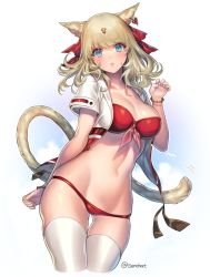 Rule 34 | 10s, 1girl, animal ears, bad id, bad twitter id, bikini, blonde hair, blue eyes, blush, breasts, cat ears, cat tail, cleavage, earrings, final fantasy, final fantasy xiv, hair ribbon, jacket, jewelry, kinm, large breasts, looking at viewer, miqo&#039;te, navel, open clothes, open jacket, red bikini, ribbon, short hair, simple background, solo, sweat, swimsuit, tail, thighhighs, twitter username, warrior of light (ff14), white background, white thighhighs