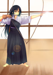 Rule 34 | 10s, 1girl, absurdres, archery, armor, arrow (projectile), barefoot, black hair, bow (weapon), breastplate, gloves, hakama, hakama skirt, highres, japanese clothes, kimono, kyuudou, lens flare, long hair, love live!, love live! school idol festival, love live! school idol project, muneate, odamanoe, partially fingerless gloves, partly fingerless gloves, skirt, sonoda umi, weapon, wooden floor, yugake