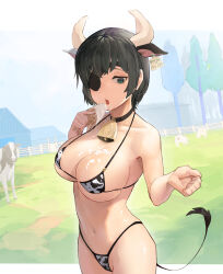 Rule 34 | 1girl, alternate costume, animal ears, animal print, bell, bikini, black choker, black hair, breasts, chainsaw man, choker, cleavage, commentary request, cow, cow ears, cow horns, cow print, cow tail, cowbell, day, eating, eko000ohce, eyepatch, facing viewer, fake animal ears, fake horns, fake tail, farm, fence, food on body, food on breasts, grass, green eyes, halterneck, hands up, highres, himeno (chainsaw man), holding food, holding ice cream, horns, house, ice cream, large breasts, looking down, micro bikini, one eye covered, open mouth, outdoors, short hair, solo, swimsuit, tail, tree