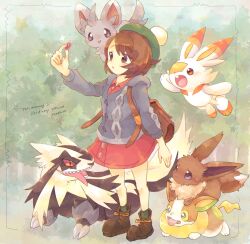 Rule 34 | 1girl, backpack, bag, bob cut, boots, brown bag, brown eyes, brown footwear, brown hair, buttons, cable knit, cardigan, collared dress, commentary request, creatures (company), dress, eevee, galarian form, galarian linoone, game freak, gen 1 pokemon, gen 5 pokemon, gen 8 pokemon, gloria (pokemon), green headwear, green socks, grey cardigan, hat, holding, hooded cardigan, knees, minccino, nintendo, parted lips, pink dress, pokemon, pokemon (creature), pokemon swsh, roamo, scorbunny, short hair, socks, sparkle, standing, tam o&#039; shanter, yamper