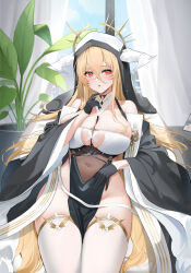 Rule 34 | 1girl, azur lane, bare shoulders, between breasts, black gloves, blonde hair, breast cutout, breasts, covered navel, fake horns, gloves, habit, hair between eyes, half gloves, highres, horns, implacable (azur lane), indoors, large breasts, long hair, looking at viewer, nun, pelvic curtain, plant, potted plant, qing wu, red eyes, revealing clothes, sitting, solo, thighhighs, very long hair, white horns, white thighhighs