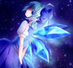 Rule 34 | 1girl, blue eyes, blue hair, bow, cirno, dress, female focus, from behind, gradient background, hair bow, looking back, matching hair/eyes, sakuyabm, short hair, solo, touhou, wings