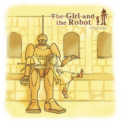 Rule 34 | 1girl, armor, dress, closed eyes, helmet, jewelry, long hair, monaka (siromona), monochrome, necklace, robot, sitting, smile, the girl (gnr), the girl and the robot, the robot (gnr)