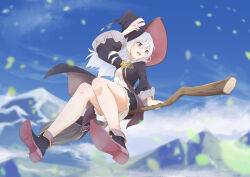 Rule 34 | 1girl, :d, blue eyes, blue sky, blurry, blurry background, broom, broom riding, commentary, day, elaina (majo no tabitabi), flying, hair between eyes, hat, highres, long hair, long sleeves, looking away, majo no tabitabi, motsutoko, mountain, open mouth, outdoors, sky, smile, solo, white hair, witch hat