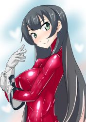 Rule 34 | 10s, 1girl, agano (kancolle), ayuayu (shouyu no sato), black hair, breasts, female focus, from side, glove pull, gloves, green eyes, heart, kantai collection, latex, latex suit, long hair, personification, shiny clothes, smile, solo
