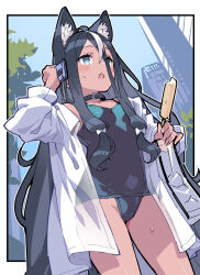 Rule 34 | 1girl, animal ear fluff, animal ears, black collar, black hair, black one-piece swimsuit, blue eyes, blue sky, blush, bow, breasts, cellphone, collar, collared shirt, commentary request, day, dress shirt, food, hair between eyes, hair bow, highres, holding, holding food, holding phone, inqm yuzca, long hair, long sleeves, multicolored hair, old school swimsuit, one-piece swimsuit, open clothes, open mouth, open shirt, original, parted bangs, phone, puffy long sleeves, puffy sleeves, school swimsuit, shirt, sidelocks, sky, small breasts, solo, standing, streaked hair, sweat, swimsuit, very long hair, white bow, white hair, white shirt