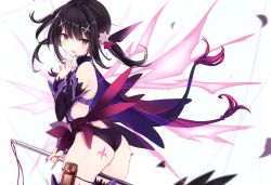 Rule 34 | 1girl, absurdres, alternate costume, ass, between thighs, black hair, blurry, brown eyes, contrapposto, cowboy shot, depth of field, detached sleeves, detached wings, fate/kaleid liner prisma illya, fate (series), finger to mouth, from side, hair ornament, hairclip, highres, leotard, long hair, looking back, miyu edelfelt, nail polish, nanananana, petals, pinky out, scan, sidelocks, smile, solo, tattoo, thigh strap, thighs, twintails, wedgie, wings, x hair ornament