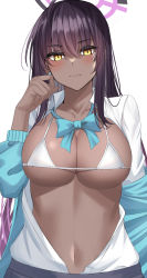 Rule 34 | 1girl, bikini, black hair, blue archive, blush, breasts, cleavage, closed mouth, collared shirt, dark-skinned female, dark skin, gaitoou, halo, karin (blue archive), large breasts, long hair, long sleeves, looking at viewer, micro bikini, navel, open clothes, shirt, shirt tucked in, sideboob, simple background, solo, swimsuit, underboob, upper body, white background, white shirt, yellow eyes