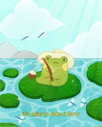 Rule 34 | arcasian, bug, day, dragonfly, english text, fishing, fishing rod, frog, hat, highres, holding, holding fishing rod, insect, lily pad, no humans, original, outdoors