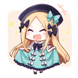 Rule 34 | +++, 1girl, :d, ^ ^, abigail williams (animejapan 2018) (fate), abigail williams (fate), black bow, black footwear, black hat, blonde hair, blue bow, blue dress, blush, bow, brown background, chibi, closed eyes, commentary request, dress, facing viewer, fate/grand order, fate (series), forehead, full body, gasuto (kamikami), hair bow, hat, long hair, official alternate costume, open mouth, parted bangs, skirt hold, sleeveless, sleeveless dress, smile, solo, sparkle, standing, two-tone background, very long hair, white background, white bow