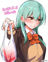 Rule 34 | 1girl, aqua hair, brown jacket, closed mouth, condom, hair ornament, hairpin, highres, jacket, kantai collection, lingerie (aki3240), long hair, looking to the side, red ribbon, ribbon, school uniform, simple background, solo, suzuya (kancolle), suzuya kai ni (kancolle), upper body, yellow eyes