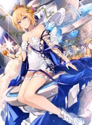 Rule 34 | 1girl, absurdres, armlet, bare legs, bare shoulders, blonde hair, blue eyes, blue flower, blue rose, boots, breasts, bug, butterfly, cleavage, closed mouth, collarbone, column, commentary request, covered navel, dress, dutch angle, europa (granblue fantasy), flower, fountain, gem, granblue fantasy, hair between eyes, hair flower, hair ornament, highres, hizuki miya, insect, knee boots, legs together, light rays, looking at viewer, medium breasts, orange flower, orange rose, pillar, plant, potted plant, purple flower, purple rose, rose, sitting, smile, solo, sparkle, strapless, strapless dress, sunbeam, sunlight, thorns, water, white dress, white footwear