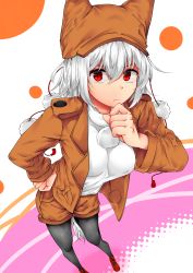 Rule 34 | 1girl, absurdres, alternate costume, animal ears, bad id, bad pixiv id, black legwear, breasts, brown jacket, commentary request, foreshortening, hat, highres, inubashiri momiji, jacket, large breasts, looking at viewer, pom pom (clothes), red eyes, red footwear, shirokaba114, shirt, short hair, short shorts, shorts, silver hair, solo, tail, touhou, turtleneck, white shirt, wolf ears, wolf tail