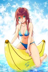 Rule 34 | 1girl, 2015, artist name, banana, bikini, blue bikini, blue nails, blue sky, breasts, brown hair, cleavage, collarbone, dated, food, fruit, green eyes, hair between eyes, large breasts, looking down, nail polish, original, outdoors, parted lips, side ponytail, signature, sky, solo, star (symbol), steam, straddling, swimsuit, tokki, water, water surface, wet