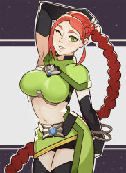 Rule 34 | 1girl, arm up, armpits, braid, breasts, cassie (paladins), green eyes, highres, long hair, looking at viewer, medium breasts, midriff, navel, one eye closed, paladins, red hair, smile, solo, splashbrush, thighhighs, thighs, very long hair