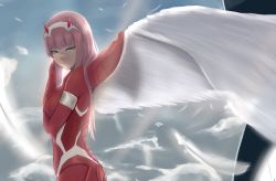 Rule 34 | 10s, 1girl, aqua eyes, awu, bodysuit, darling in the franxx, feathers, from side, hairband, horns, long hair, pink hair, red bodysuit, single wing, sky, solo, standing, white hairband, wings, zero two (darling in the franxx)