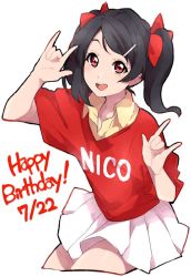 Rule 34 | 10s, 1girl, :d, black hair, bow, character name, cowboy shot, dated, dot nose, double m/, hair bow, hair ornament, hairclip, happy birthday, love live!, love live! school idol project, m/, medium hair, nico nico nii, open mouth, pleated skirt, red bow, red eyes, red shirt, sekina, shirt, short sleeves, simple background, skirt, smile, solo, standing, swept bangs, twintails, white background, white skirt, yazawa nico