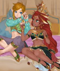 Rule 34 | 1boy, 1girl, armlet, bare shoulders, blonde hair, blue eyes, blue lips, breasts, bridal gauntlets, circlet, crossdressing, dark-skinned female, dark skin, detached sleeves, earrings, frown, gerudo set (zelda), green eyes, hair ornament, hands up, highres, holding, ivy (sena0119), jewelry, link, lipstick, long hair, looking at another, lower teeth only, makeup, midriff, nail polish, navel, nintendo, official alternate costume, on bed, open mouth, pillow, pointy ears, red hair, riju, sitting, small breasts, smile, stomach, sweatdrop, teeth, the legend of zelda, the legend of zelda: breath of the wild, thick eyebrows, trap