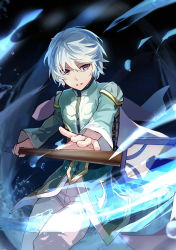 Rule 34 | 10s, 1boy, bishounen, long sleeves, looking at viewer, magic, male focus, mikleo (tales), pale skin, purple eyes, qitoli, short hair, solo, staff, tales of (series), tales of zestiria, water, weapon, white hair
