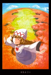 Rule 34 | 1girl, blonde hair, border, bow, cloud, day, dress, closed eyes, flower, hat, lily white, long hair, nihimaru, outstretched arms, ribbon, sky, smile, solo, touhou, wings