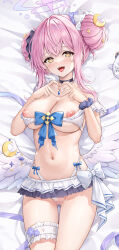 Rule 34 | 1girl, absurdres, bare shoulders, blue archive, breasts, cleavage, double bun, gemini (feng), gradient halo, hair bun, halo, highres, long hair, looking at viewer, lying, mika (blue archive), multicolored halo, nipples, open mouth, pink hair, smile, solo, tongue, wings, yellow eyes