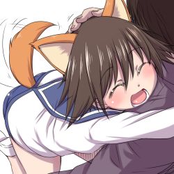Rule 34 | 1girl, ^ ^, animal ears, brown hair, dog ears, dog tail, closed eyes, hand on another&#039;s head, hanya (hanya yashiki), hug, miyafuji yoshika, open mouth, school swimsuit, school uniform, serafuku, short hair, solo focus, strike witches, swimsuit, swimsuit under clothes, tail, tail wagging, world witches series