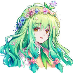 Rule 34 | 1girl, akinomiya asuka, blue flower, champaign of unfinished dreams, commentary request, flower, flower on head, green hair, green neckerchief, hair flower, hair ornament, head wreath, long hair, makino munomoto, neckerchief, open mouth, pink flower, portrait, red flower, simple background, smile, solo, touhou, white background, yellow eyes, yellow flower