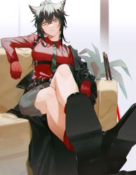 Rule 34 | 1girl, 3o c, animal ears, arknights, belt, black coat, black footwear, black hair, black skirt, breasts, brown eyes, coat, collared shirt, couch, highres, holding, long hair, looking at viewer, loose socks, medium breasts, miniskirt, multiple belts, necktie, official alternate costume, on couch, open clothes, open coat, parted lips, ponytail, red shirt, red socks, shirt, shoe soles, shoes, shorts, sitting, skirt, socks, solo, sword, texas (arknights), texas (willpower) (arknights), weapon, wolf ears
