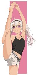 1girl akitetsu arm_up armpits barefoot belt black_camisole black_panties camisole commentary_request dark-skinned_female dark_skin flat_chest grey_hair highres leg_up long_hair looking_at_viewer matsukai_mao nijisanji panties panty_straps purple_eyes short_shorts shorts smile smug soles solo split standing standing_on_one_leg standing_split twintails underwear virtual_youtuber