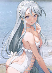 Rule 34 | 1girl, absurdres, ass, bare arms, bare shoulders, beach, blurry, blurry background, blush, breasts, butt crack, check commentary, collarbone, commentary request, flower, grey hair, hair between eyes, hair flower, hair ornament, highres, ichikawa feesu, kantai collection, long hair, looking at viewer, median furrow, medium hair, ocean, official alternate costume, one-piece swimsuit, open mouth, purple eyes, sagiri (kancolle), solo, swimsuit, upper body, white flower, white hair, white one-piece swimsuit