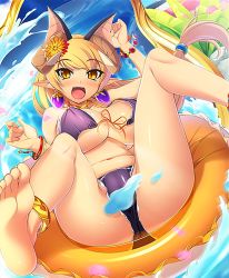 Rule 34 | 10s, 1girl, :d, animal ears, anklet, ass, barefoot, bat ears, belly, bikini, blonde hair, blush, bracelet, breasts, cleavage, clenched hands, convenient censoring, crotch, day, demon girl, demon horns, earrings, feet, female focus, floating hair, flower, foreshortening, frilled bikini, frills, front-tie bikini top, front-tie top, full body, hair flower, hair ornament, hand up, happy, horns, innertube, jewelry, large breasts, legs up, long hair, long pointy ears, looking at viewer, low-tied long hair, lying, mel/a, morrigan (shingeki no bahamut), navel, neck ring, official art, on back, open mouth, outdoors, petals, pointy ears, purple bikini, shingeki no bahamut, shiny skin, slit pupils, smile, soles, solo, swim ring, swimsuit, toes, underboob, very long hair, wardrobe malfunction, water, water slide, yellow eyes