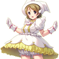 Rule 34 | 1girl, blonde hair, bloomers, brown hair, cosplay, gloves, hat, highres, koizumi hanayo, looking at viewer, love live!, love live! school idol project, magical girl, makihatayama hana, makihatayama hana (cosplay), name connection, ojamajo doremi, puffy short sleeves, puffy sleeves, purple eyes, sayousuke, short hair, short sleeves, simple background, skirt, solo, underwear, white background, white gloves