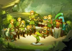 Rule 34 | conductor baton, belt, blonde hair, blue eyes, boots, brown hair, cuffs, dated, drum, earrings, fingerless gloves, flute, forest, gloves, goron, green headwear, green tunic, grin, harp, highres, instrument, jewelry, link, wolf link, looking at another, male focus, multiple boys, multiple persona, nature, nintendo, ocarina, pointy ears, rock, ruru (lulubuu), shackles, sidelocks, smile, the legend of zelda, the legend of zelda: majora&#039;s mask, the legend of zelda: ocarina of time, the legend of zelda: skyward sword, the legend of zelda: the wind waker, the legend of zelda: twilight princess, white hair, wolf, zora