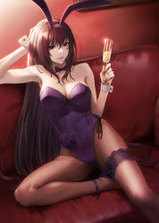Rule 34 | 1girl, alcohol, animal ears, blush, breasts, champagne, champagne flute, cleavage, cup, detached collar, drinking glass, fake animal ears, fate/grand order, fate (series), fishnet pantyhose, fishnets, hair between eyes, hand on own head, highleg, highleg leotard, highres, large breasts, leotard, long hair, looking at viewer, mugetsu2501, official alternate costume, pantyhose, parted lips, playboy bunny, purple hair, purple leotard, rabbit ears, red eyes, scathach (fate), scathach (piercing bunny) (fate), sitting, smile, thighs, very long hair, wrist cuffs