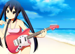Rule 34 | beach, black hair, brown eyes, casual one-piece swimsuit, day, guitar, instrument, k-on!, long hair, nakano azusa, one-piece swimsuit, pink one-piece swimsuit, plectrum, solo, soshina nohito, swimsuit, twintails